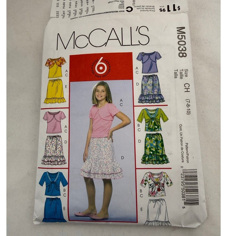 SKU3192 McCall's M5038 Girls Sewing Pattern Shrug Tops Skirts 7-8-10